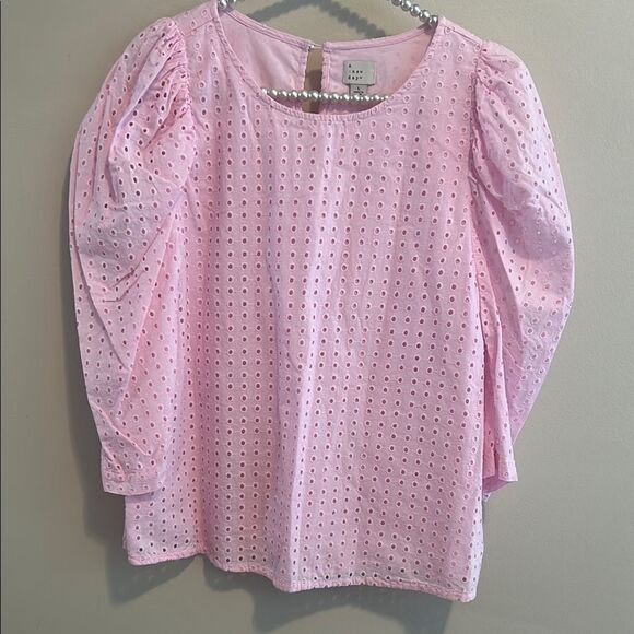 A New Day Womens Puff Sleeve Eyelet Blouse Size L Pink 3/4 Sleeve Lined Button - Picture 1 of 5